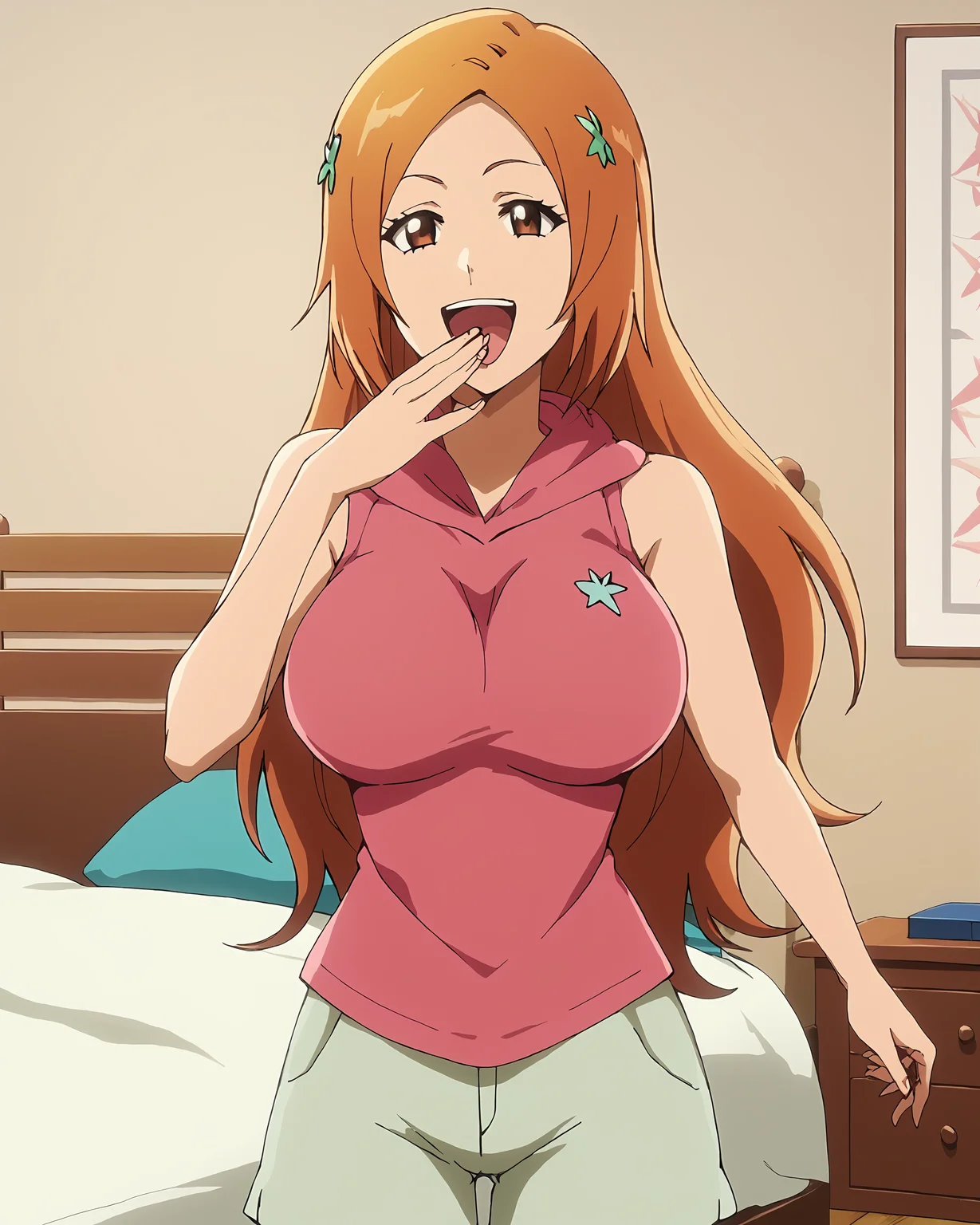 score_9, score_8_up, score_7_up,,source_anime, nsfw, uncensored,masterpiece, perfect quality, perfect lighting,
<lora:Orihime_Inoue__Bleach_Thousand-Year_Blood_War_art_style:1>1girl, Orihime, long hair, large breasts, facing viewer, (sleeveless pink shirt with hood), (shirt has no sleeves), shorts, (no hair ornaments),
in a bedroom, teeth, cowboy shot, standing, solo, facing viewer,
<lora:ojou-sama-pose-ponyxl-lora-nochekaiser:1>, ojou-sama pose, laughing, smug, hand to own mouth, open mouth,