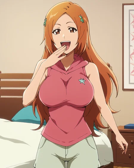 score_9, score_8_up, score_7_up,,source_anime, nsfw, uncensored,masterpiece, perfect quality, perfect lighting,
<lora:Orihime_Inoue__Bleach_Thousand-Year_Blood_War_art_style:1>1girl, Orihime, long hair, large breasts, facing viewer, (sleeveless pink shirt with hood), (shirt has no sleeves), shorts, (no hair ornaments),
in a bedroom, teeth, cowboy shot, standing, solo, facing viewer,
<lora:ojou-sama-pose-ponyxl-lora-nochekaiser:1>, ojou-sama pose, laughing, smug, hand to own mouth, open mouth,