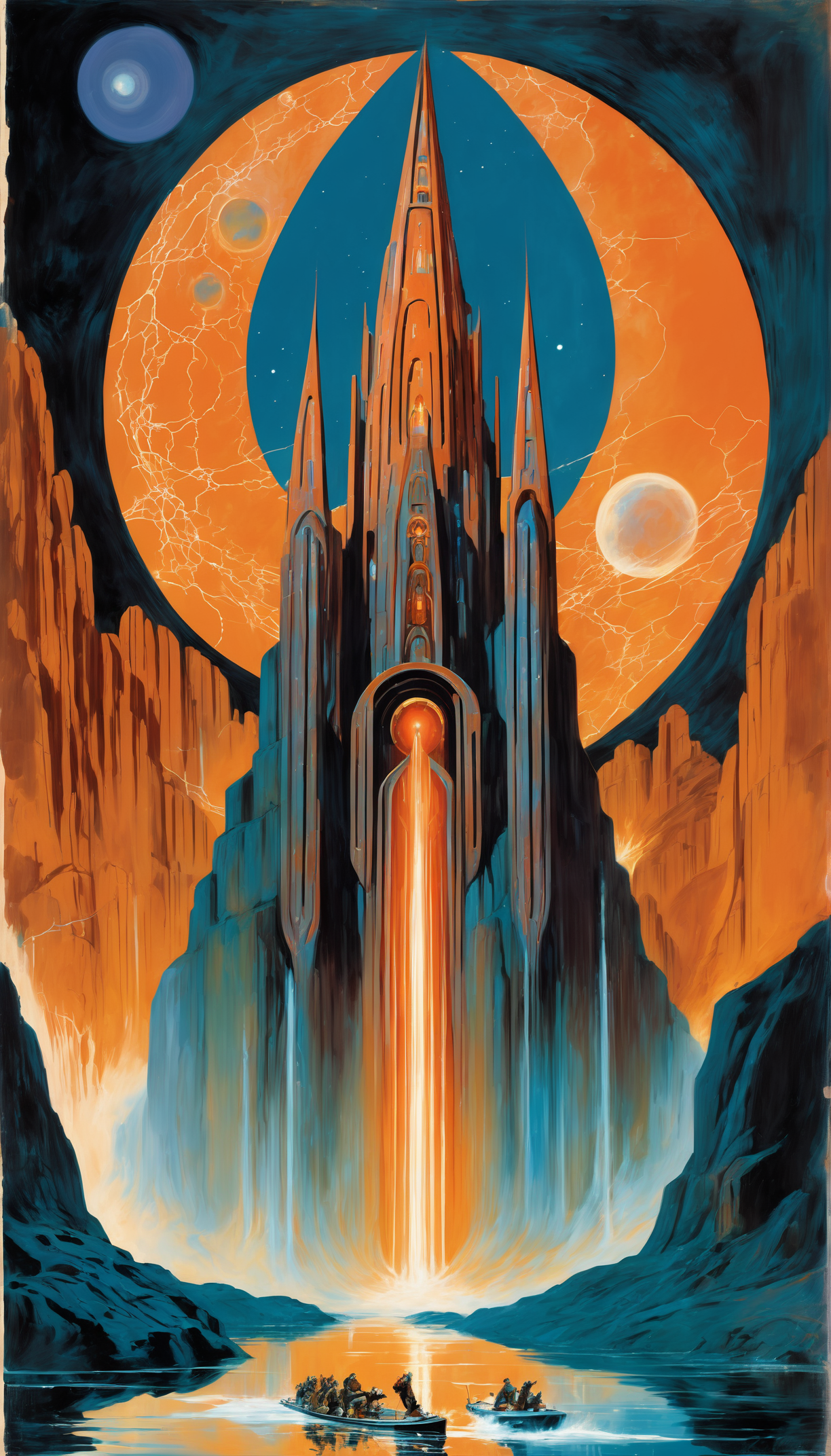 1930s pulp sci-fi cover art, highly stylized digital fantasy acrylic painting of a Astral Cathedral in a River, photoshop thick acrylic brushes, dark orange  color scheme<lora:EnvySpeedPaintXL01v11:1>