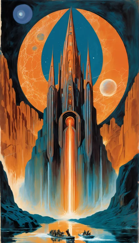 1930s pulp sci-fi cover art, highly stylized digital fantasy acrylic painting of a Astral Cathedral in a River, photoshop thick acrylic brushes, dark orange color scheme<lora:EnvySpeedPaintXL01v11:1>