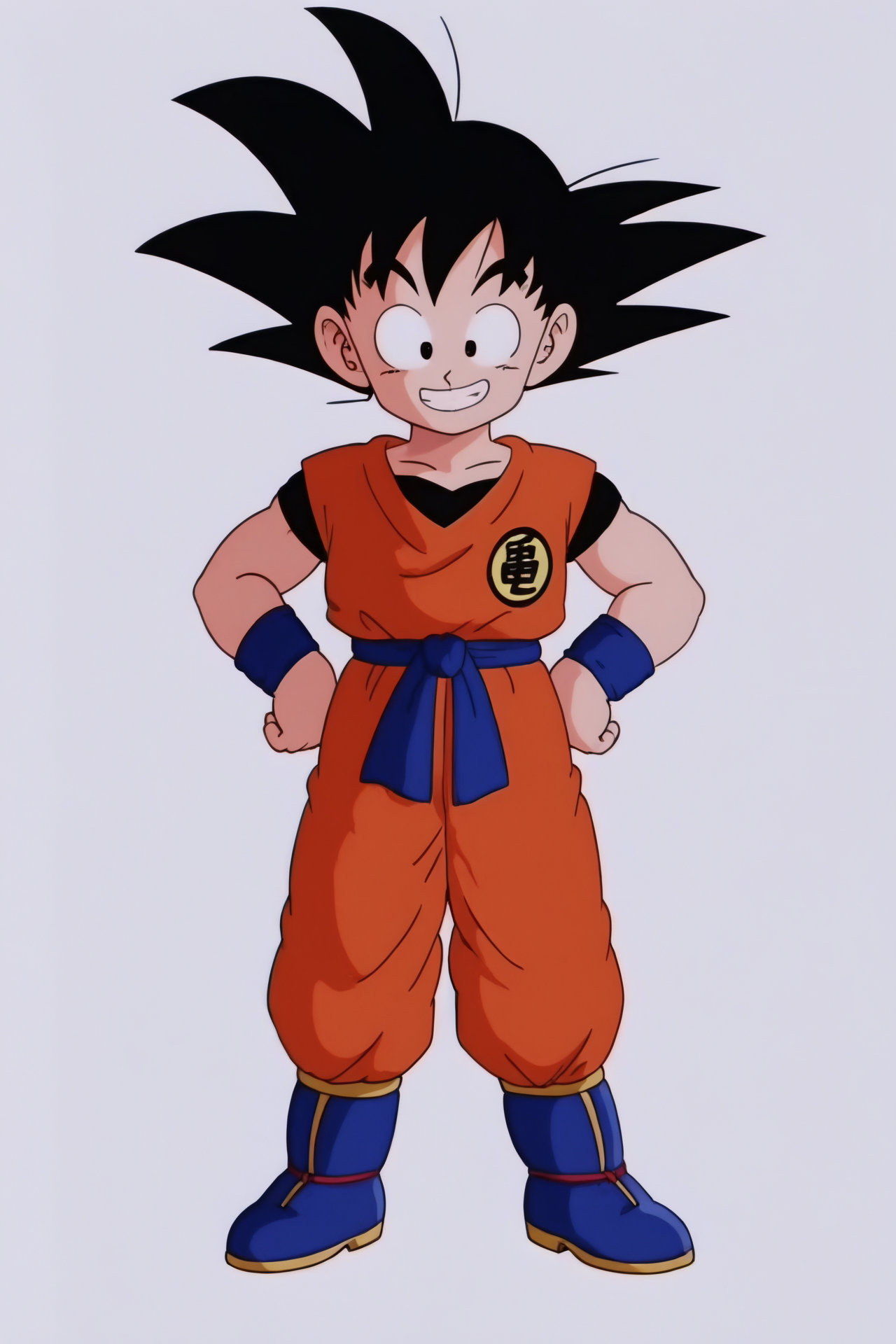source_anime, score_9, score_8_up, score_7_up, anime screencap,8k, absurd res, 
son goku, male child, solo, looking at viewer, smile, simple background, black hair, 1boy, white background, standing, full body, male focus, boots, grin, black eyes, hand on hip, happy, spiked hair, wristband, hands on hips, blue footwear, dougi, blue sash, blue wristband, clothes writing, blue undershirt, short sleeves, orange pants, orange topwear, print topwear, raised eyebrows, teeth, symbol
 <lora:gokudb_pony_v2:0.8>