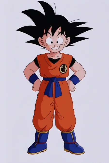 source_anime, score_9, score_8_up, score_7_up, anime screencap,8k, absurd res, 
son goku, male child, solo, looking at viewer, smile, simple background, black hair, 1boy, white background, standing, full body, male focus, boots, grin, black eyes, hand on hip, happy, spiked hair, wristband, hands on hips, blue footwear, dougi, blue sash, blue wristband, clothes writing, blue undershirt, short sleeves, orange pants, orange topwear, print topwear, raised eyebrows, teeth, symbol
 <lora:gokudb_pony_v2:0.8>