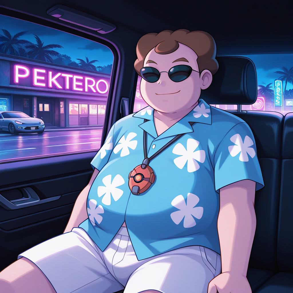 deep contrast, luminous lighting, cinematic ambiance, best quality, colorful, masterpiece, detailed_background, BREAK <lora:p-treto-v1-10:1> p-scott, sunglasses, 1boy, plump, blue hawaiian_shirt, white shorts, pokedex_necklace, necklace, <lora:Driving_-_IL:0.8> dr1v3, car interior, dark, neon light