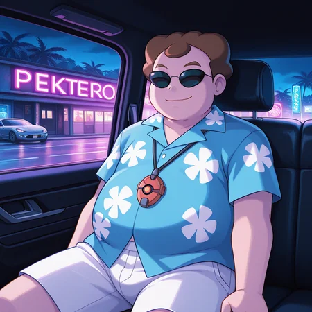 deep contrast, luminous lighting, cinematic ambiance, best quality, colorful, masterpiece, detailed_background, BREAK <lora:p-treto-v1-10:1> p-scott, sunglasses, 1boy, plump, blue hawaiian_shirt, white shorts, pokedex_necklace, necklace, <lora:Driving_-_IL:0.8> dr1v3, car interior, dark, neon light