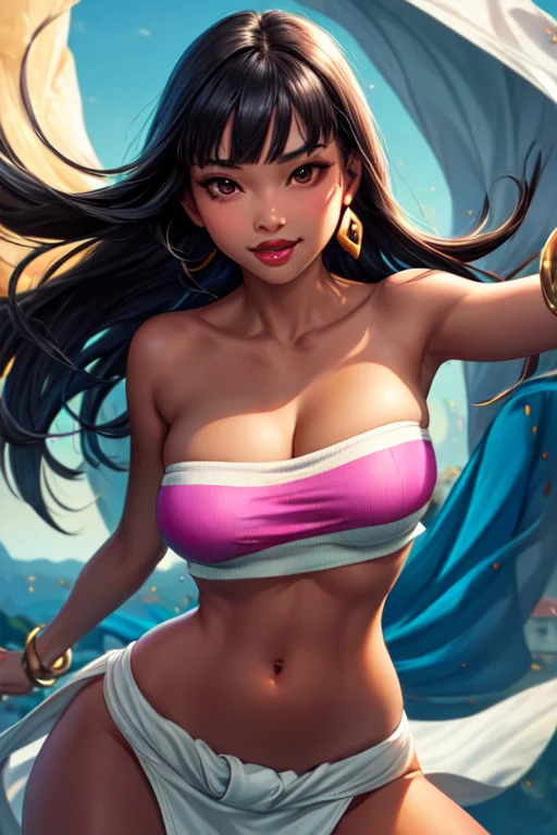 <lora:chel-10:0.7> chel,1girl, solo, long hair, breasts, looking at viewer, smile, bangs, black hair, cleavage, bare shoulders, brown eyes, jewelry, earrings, midriff, dark skin, blunt bangs, bracelet, dark-skinned female, crop top, strapless, makeup, pelvic curtain, tube top, loincloth (masterpiece:1.2), (best quality), (ultra detailed), (8k, 4k, intricate),highly detailed:1.2),(detailed face:1.2), (detailed background),detailed landscape, (dynamic angle:1.2), (dynamic pose:1.2), <lora:more_details:0.5>