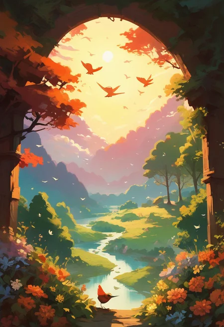 score_9, score_8_up, score_7_up, easynegative, 4esthet1c, trees, sun, morning, irisch landscape, bird, flowers, beautiful composition