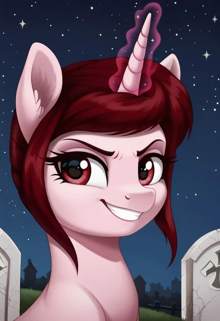 score_9, score_8_up, score_7_up, score_6_up, score_5_up, score_4_up, my little pony, solo, pony, feral pony, unicorn, Rosa Maledicta, pale pink skin, burgundy mane, cemetery, night, moom, stars, magic horn, magic eyes, angry, grin, smile, look at you, beautiful, detailed, detailed fur, beautiful, vector, flat colors, (beautiful long eyelashes), ((close-up)), high angle