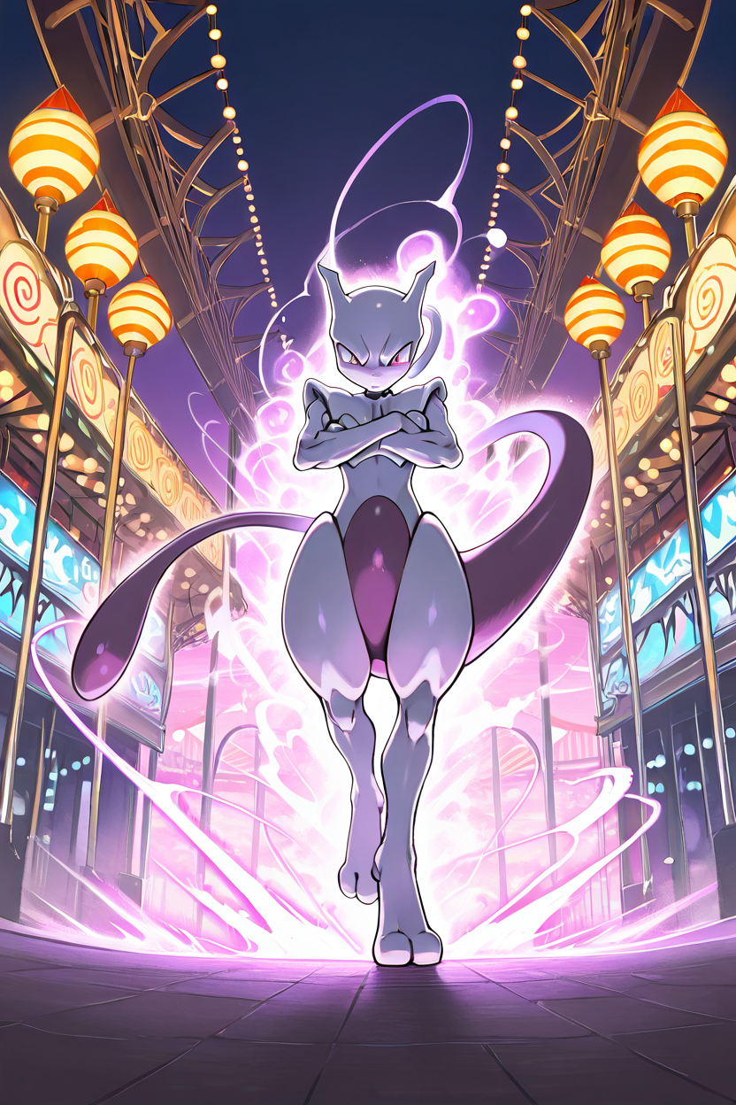 masterpiece, best quality,    <lora:MewtwoPokedexIXL:1.0>,  zzMewtwo, solo,   wearing a theme park hat, standing in line for a ride, confused expression, small children excited in the background, psychic powers carrying the ride tickets, sunny day, comical pose, unexpected outing, amusement park vibes