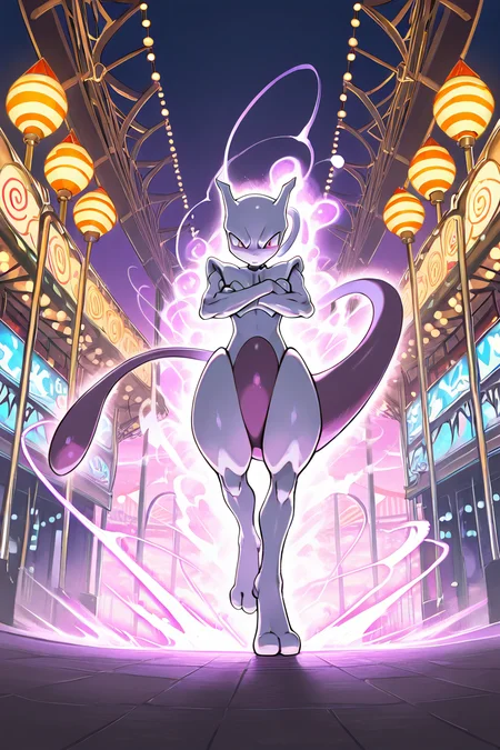 masterpiece, best quality, <lora:MewtwoPokedexIXL:1.0>, zzMewtwo, solo, wearing a theme park hat, standing in line for a ride, confused expression, small children excited in the background, psychic powers carrying the ride tickets, sunny day, comical pose, unexpected outing, amusement park vibes