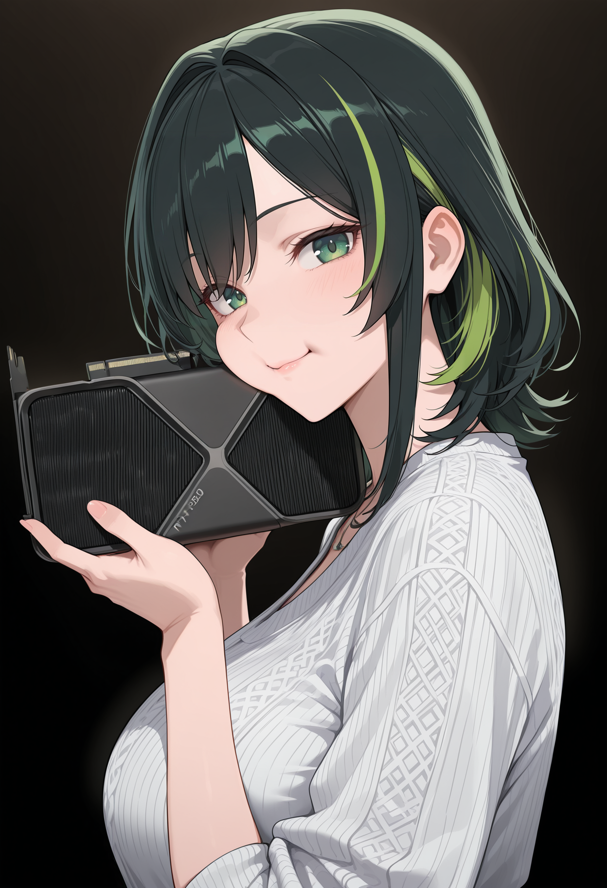 masterpiece, best quality, high score, great score, ultra-detailed, intricate details, very aesthetic, newest, hires, absurdres, from side, 1girl, mature female, medium hair, black hair, green hair, streaked hair, multicolored hair, green eyes, looking at viewer, hands up, holding, graphics card, cheek press, <lora:rtx5090_illustrious:1> rtx5090