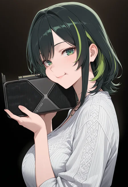masterpiece, best quality, high score, great score, ultra-detailed, intricate details, very aesthetic, newest, hires, absurdres, from side, 1girl, mature female, medium hair, black hair, green hair, streaked hair, multicolored hair, green eyes, looking at viewer, hands up, holding, graphics card, cheek press, <lora:rtx5090_illustrious:1> rtx5090