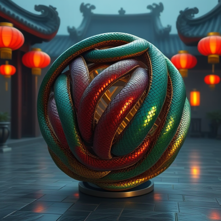 sn4k3bug sphere, metallic scales in green, red, and gold colors. sn4k3bug create a detailed texture while forming all parts of the sphere. The setting is a traditional Asian environment, featuring glowing red lanterns, typical architecture in the background, and a reflective stone floor. Soft lighting highlights sn4k3bug shimmer, ensuring the sphere looks cohesive and colorful, maintaining a mysterious and vibrant atmosphere. <lora:sn4k3bug:1.55>