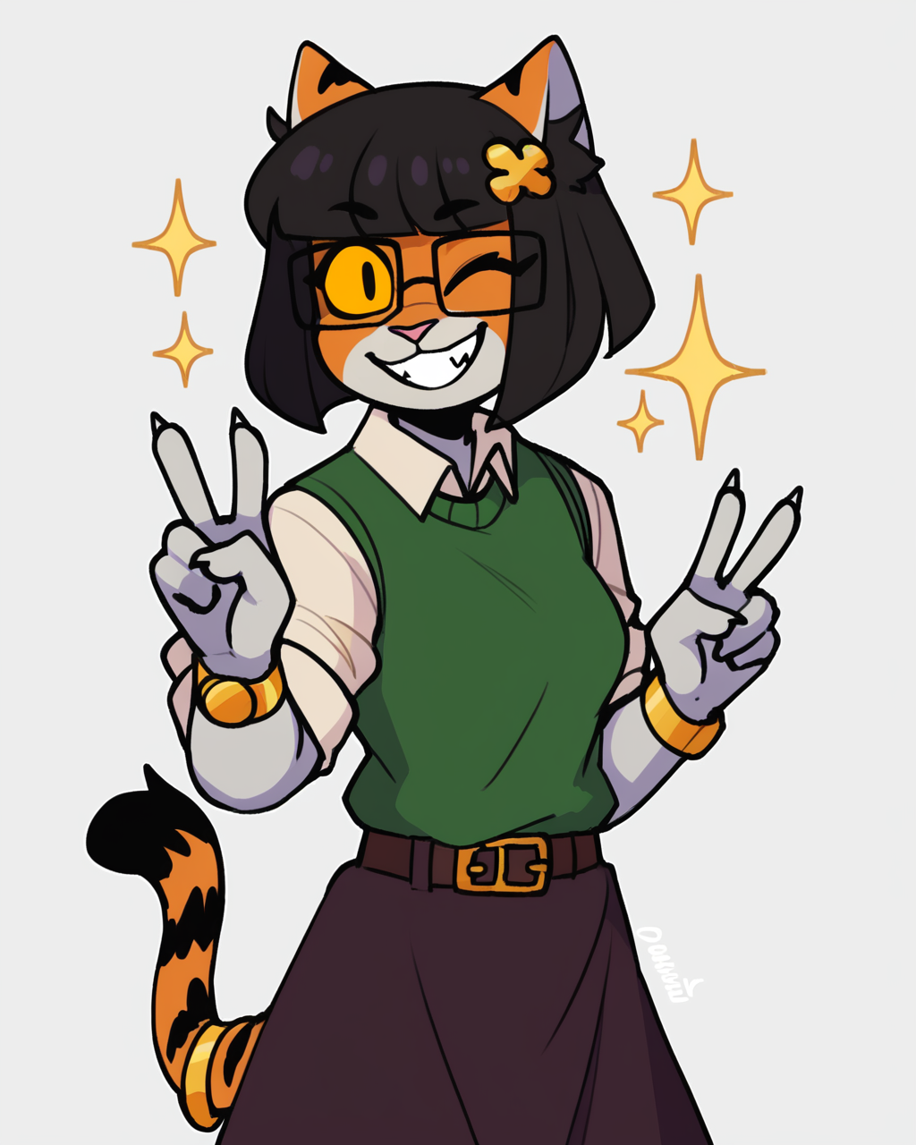 score_9_up, score_8_up, score_7_up, score_6_up,  by remanedur, half-length portrait, female, black hair, cat, tail, medium breasts, yellow sclera, hair accessory, tail bracelet, hair ornament, tiger tail, shirt, sweater vest, panty hose, skirt, gold wristwatch, bracelet, belt, furry, bangs, square glasses, short hair, looking at viewer, wink,  happy, grin, v sign,  head tilt, solo, three-quarter view, simple background, white outline, <lora:Leah_Pines(AIM)_XL_v1:0.15> <lora:PDXL_artist_tags_v2_big:0.5> <lora:The-Minuscule-Task_PDXL_v1.0:0.6>   <lora:Kaede_murninatair:0.7>