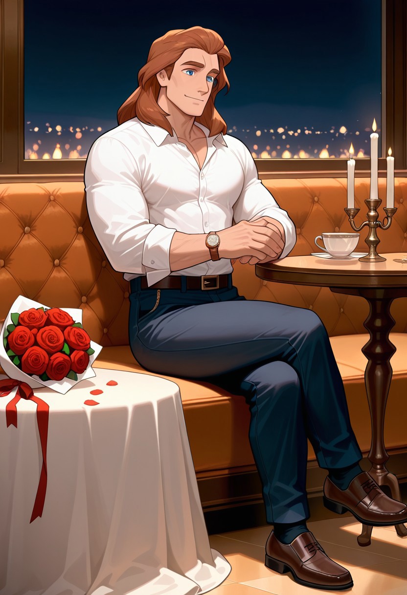 masterpiece,best quality,amazing quality,very aesthetic,absurdres,newest, huge filesize, Prince_Adam_BTB, 1man male focus, solo, auburn hair, blue eyes, lean and athletic, mature,  long hair, strong, long legs, tall, manly, masculine, classy, artistic, relaxed look, small smile,  dark colored dress shirt or fitted polo, dark jeans or chinos, leather loafers or Chelsea boots, belt matching the shoes, wristwatch, subtle cologne, well-groomed hair, date night, waiting at a restaurant table,  sitting, bouquet of roses on the table for his date, Elegant ambiance, soft lighting (often from chandeliers or candles), crisp white tablecloths, polished cutlery and glassware, attentive and formally dressed staff, plush seating, quiet background music (classical or jazz), curated wine selection, artistically plated gourmet dishes, and refined décor with luxurious finishes like marble, velvet, or wood paneling