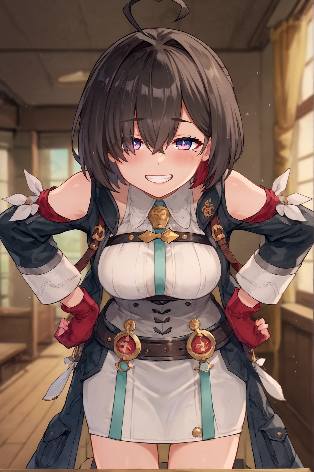 score_9, score_8_up, score_7_up,anime_source, source_anime, best background, detailed background, anime screencap,  Yumia Liessfeldt, Main Outfit, solo, indoors, bent over, hands on hips, blush, naughty face, grin,  <lora:JN_Yumia_Liessfeldt:0.8>
