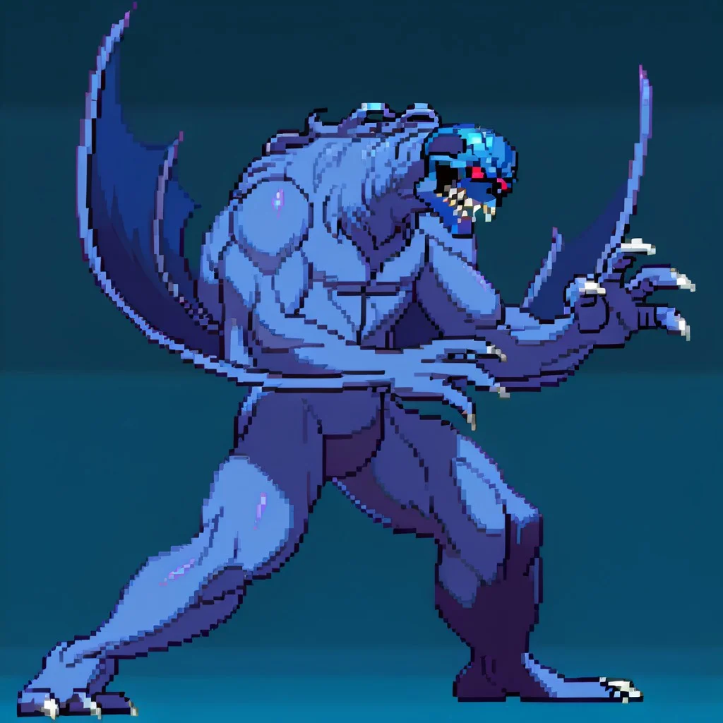 masterpiece, high quality, absurdres, detailed, solomon, kaiju, demonic kaiju, no humans, humanoid, skull face, monster, dark blue fur, dark blue skin, glowing red eyes, sharp teeth, humanoid arms, sharp claws, white claws, bat wings coming out of his arms, SF3XL,, full body, fighting stance, from side, looking away,,