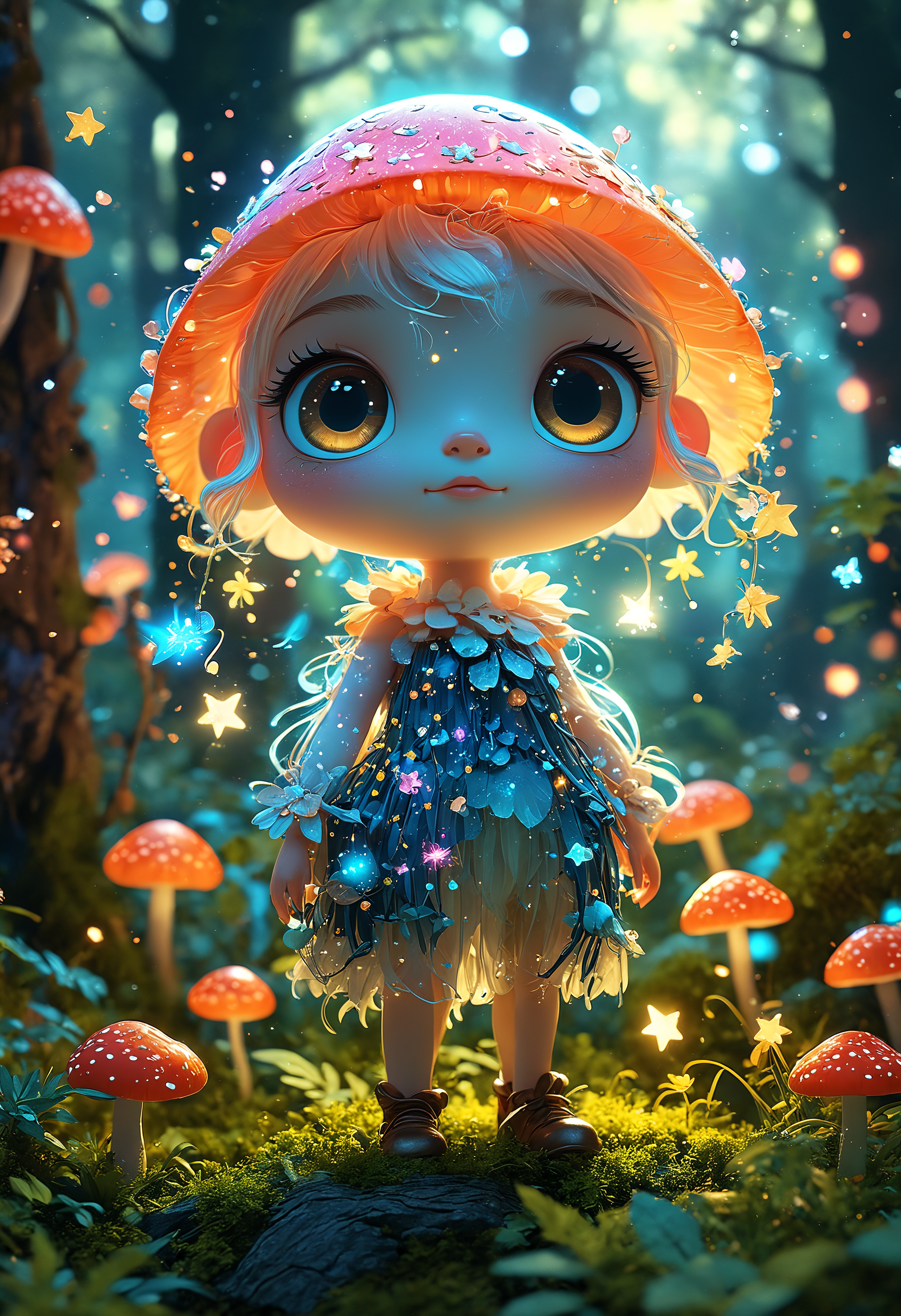 concept art A cute, 3D-style mythical creature with a translucent body filled with stars and galaxies, glowing softly, chasing luminous fairies through an enchanted forest with towering, glowing mushrooms and bioluminescent plants<lora:add-detail-xl:0.5> <lora:MJ52:0.5> <lora:sss:0.5>, professional 3D design of a cute and adorable cartoon character with big eyes, charming animation, endearing personality, exaggerated features, dynamic pose, captivating expression, expert character design, vibrant and colorful textures, engaging storytelling, versatile animation style, high-quality render, volumetric, 4k . digital artwork, illustrative, painterly, matte painting, highly detailed