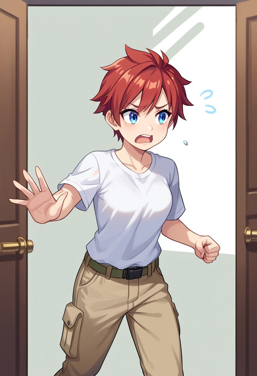 score_8, score_8_up, score_7_up, 1girl, female focus, solo, tomboy, red hair, short hair, blue eyes, t-shirt, white shirt, khaki pants, cargo pants, lo_su, running, outstretched hand, clenched hand, pushbar, open mouth, worried, door, open door,
