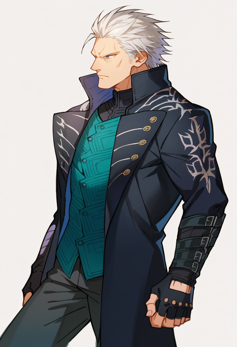 score_9, score_7_up, BREAK, solo, 1boy, <lora:MVC2_GLoRA-pdxl_Fp:1>, simple background, <lora:dmc5_vergil_ponyXL:0.8>, dmc5vergil, black coat, fingerless gloves, pants, white hair, blue eyes, looking to the side