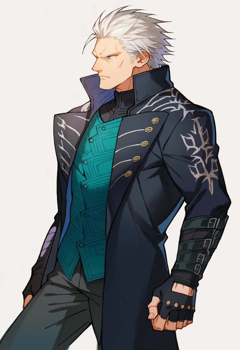 score_9, score_7_up, BREAK, solo, 1boy, <lora:MVC2_GLoRA-pdxl_Fp:1>, simple background, <lora:dmc5_vergil_ponyXL:0.8>, dmc5vergil, black coat, fingerless gloves, pants, white hair, blue eyes, looking to the side
