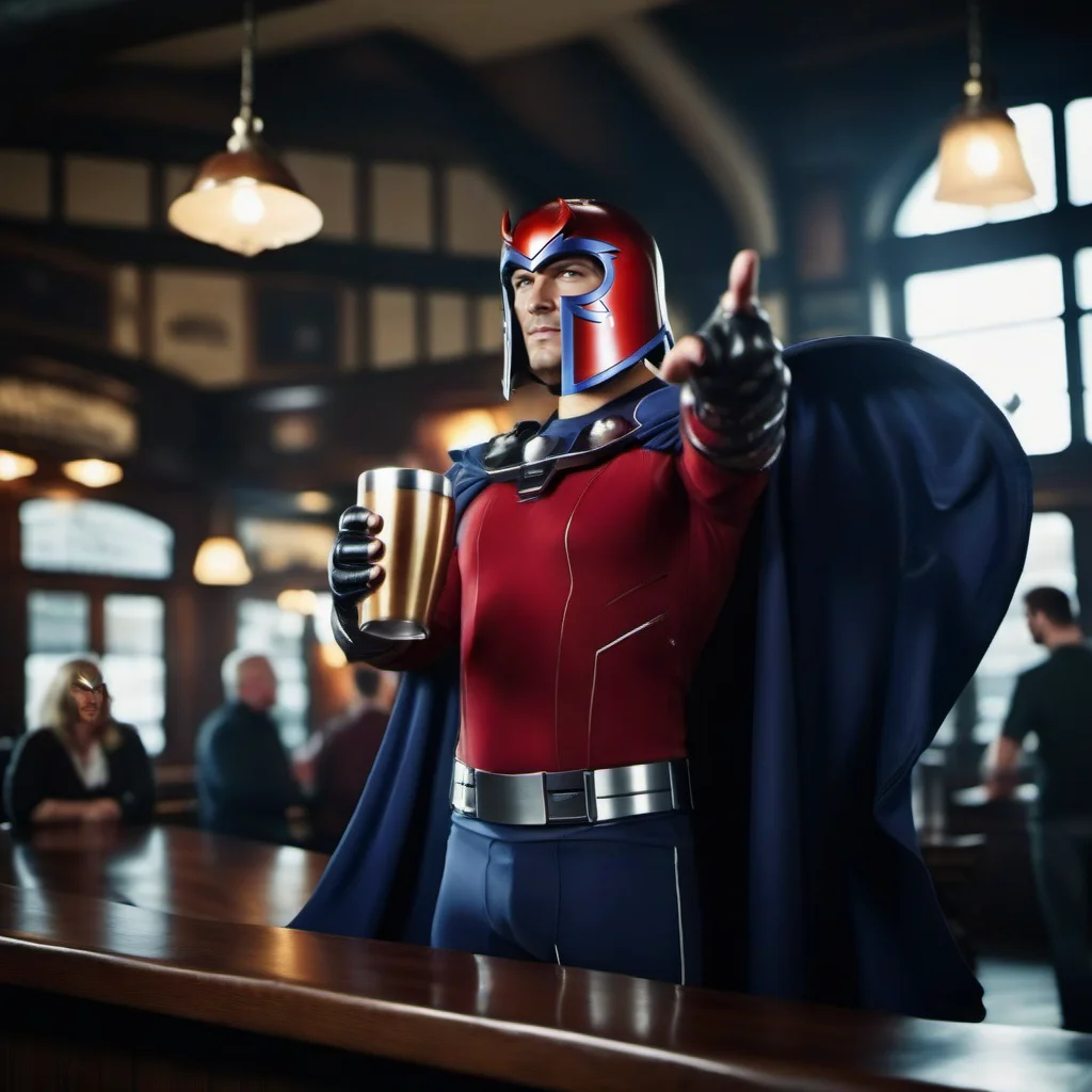 cinematic photo a man with a helmet and a cape, (((a metal mug flying in the air))), in a pub <lora:Magneto1024:0.8> . 35mm photograph, film, bokeh, professional, 4k, highly detailed