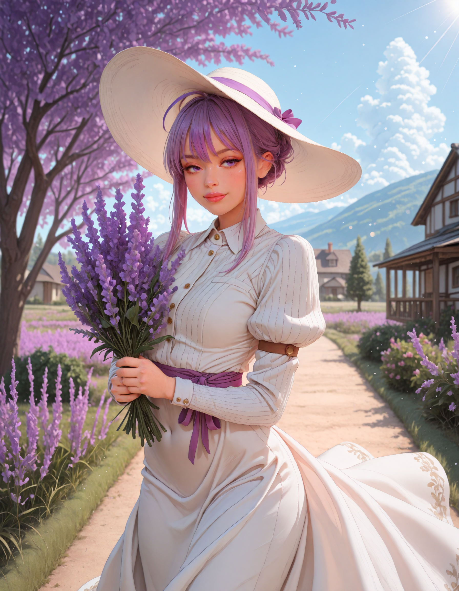 (depth of field, bokeh, highly detailed, textured clothing, absurdres, masterpiece, high_quality, newest, incredibly_absurdres, very_aesthetic, blurry_background, blender_\(artwork\), zbrush_\(artwork\), digital_painting_\(artwork\) light_particles)
(POH-Illu, RD-Illu, marse_\(rokudaime\), seductive, light_theme, day, fantasy, smile, rural, scenery, landscape, sunlight, godrays, cumulonimbus_cloud, lips, lavender_flowers, grass, garden, 1girl, purple_hair, updo, gradient_hair, ribbon belt, long_hair, holding_bouquet of lavender, long_dress, white_dress, wind_lift, puffy_short_sleeves, sun_hat, plants, sidelocks, white_hat, trees, green_eyes, collared_dress, ribbed_blouse, bush, ahoge, hair_between_eyes, hair_ribbon, lilac, juliet_sleeves, house, outdoors, dappled_sunlight, makeup, purple_eyeshadow, mascara, brown_hair)