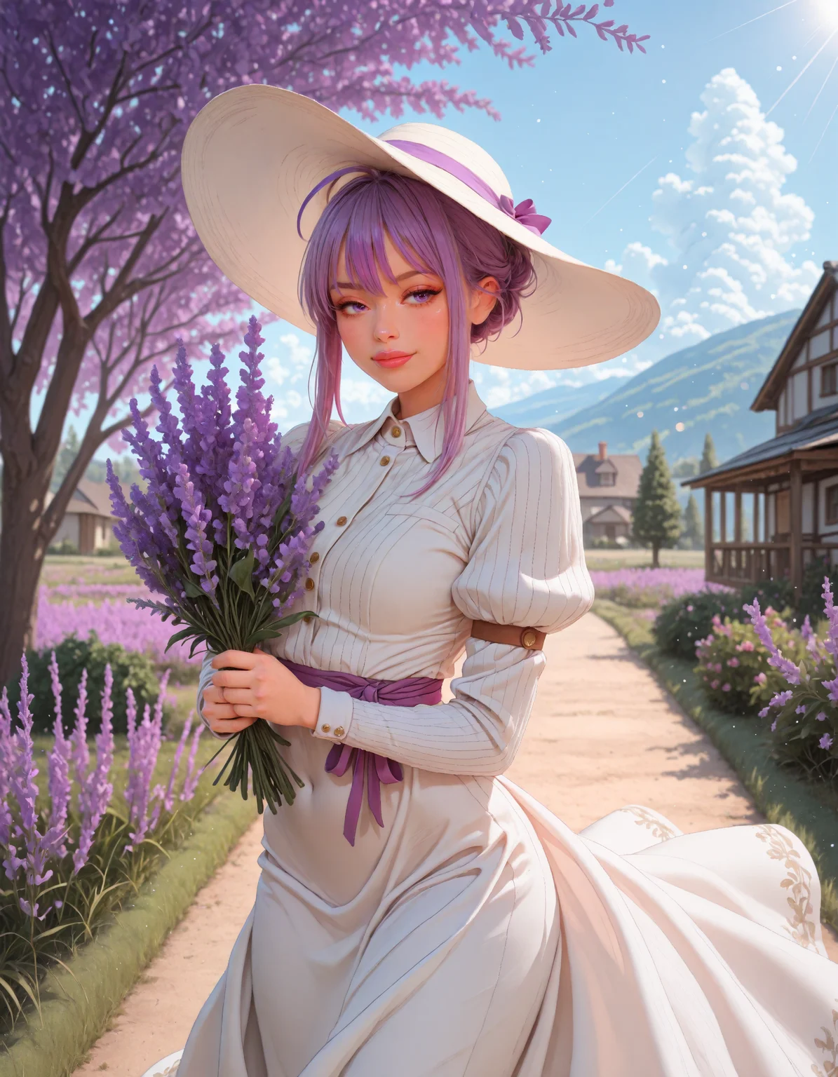 (depth of field, bokeh, highly detailed, textured clothing, absurdres, masterpiece, high_quality, newest, incredibly_absurdres, very_aesthetic, blurry_background, blender_\(artwork\), zbrush_\(artwork\), digital_painting_\(artwork\) light_particles)
(POH-Illu, RD-Illu, marse_\(rokudaime\), seductive, light_theme, day, fantasy, smile, rural, scenery, landscape, sunlight, godrays, cumulonimbus_cloud, lips, lavender_flowers, grass, garden, 1girl, purple_hair, updo, gradient_hair, ribbon belt, long_hair, holding_bouquet of lavender, long_dress, white_dress, wind_lift, puffy_short_sleeves, sun_hat, plants, sidelocks, white_hat, trees, green_eyes, collared_dress, ribbed_blouse, bush, ahoge, hair_between_eyes, hair_ribbon, lilac, juliet_sleeves, house, outdoors, dappled_sunlight, makeup, purple_eyeshadow, mascara, brown_hair)