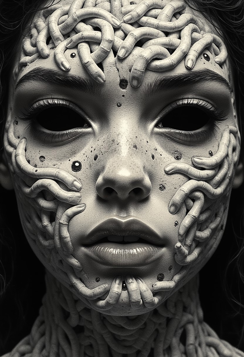 An ultra close-up portrait of a woman’s face, filling the entire frame, leaving no visible background. Her skin is not smooth, but formed entirely from thousands of tiny, overlapping fingers, seamlessly interwoven to shape the contours of her features—cheeks, brow, nose, and jawline. Each hand is static, frozen in place, its fine details crisp and tangible, with visible creases, knuckles, and fingernails. Her eyes are not traditional eyes but two hollow, dark voids, framed by open fingers curled inward, mimicking the shape of eye sockets. The depth inside these voids is infinite, absorbing light rather than reflecting it, making them appear hauntingly empty yet impossibly deep. Her lips are formed by tightly interlocked fingers, positioned in a way that mimics a mouth, yet their rigid stillness makes them unsettlingly unnatural. The illusion of human softness is lost, replaced by the uncanny texture of layered skin and fingernails. The mouth does not open, nor do the fingers move—only the eerie symmetry and unnatural formation of the face hint at something beyond human. The fingers composing her face are not chaotic, but deliberately placed, each one fused into a perfect, unnerving pattern that creates the illusion of organic facial structure. Their textures vary, some smooth and youthful, others rough and calloused, creating an unsettling contrast in detail. The edges of her face fade into a dark void.