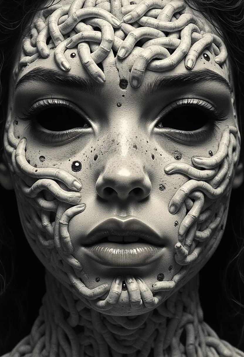 An ultra close-up portrait of a woman’s face, filling the entire frame, leaving no visible background. Her skin is not smooth, but formed entirely from thousands of tiny, overlapping fingers, seamlessly interwoven to shape the contours of her features—cheeks, brow, nose, and jawline. Each hand is static, frozen in place, its fine details crisp and tangible, with visible creases, knuckles, and fingernails. Her eyes are not traditional eyes but two hollow, dark voids, framed by open fingers curled inward, mimicking the shape of eye sockets. The depth inside these voids is infinite, absorbing light rather than reflecting it, making them appear hauntingly empty yet impossibly deep. Her lips are formed by tightly interlocked fingers, positioned in a way that mimics a mouth, yet their rigid stillness makes them unsettlingly unnatural. The illusion of human softness is lost, replaced by the uncanny texture of layered skin and fingernails. The mouth does not open, nor do the fingers move—only the eerie symmetry and unnatural formation of the face hint at something beyond human. The fingers composing her face are not chaotic, but deliberately placed, each one fused into a perfect, unnerving pattern that creates the illusion of organic facial structure. Their textures vary, some smooth and youthful, others rough and calloused, creating an unsettling contrast in detail. The edges of her face fade into a dark void.