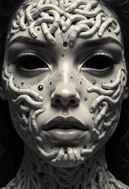 An ultra close-up portrait of a woman’s face, filling the entire frame, leaving no visible background. Her skin is not smooth, but formed entirely from thousands of tiny, overlapping fingers, seamlessly interwoven to shape the contours of her features—cheeks, brow, nose, and jawline. Each hand is static, frozen in place, its fine details crisp and tangible, with visible creases, knuckles, and fingernails. Her eyes are not traditional eyes but two hollow, dark voids, framed by open fingers curled inward, mimicking the shape of eye sockets. The depth inside these voids is infinite, absorbing light rather than reflecting it, making them appear hauntingly empty yet impossibly deep. Her lips are formed by tightly interlocked fingers, positioned in a way that mimics a mouth, yet their rigid stillness makes them unsettlingly unnatural. The illusion of human softness is lost, replaced by the uncanny texture of layered skin and fingernails. The mouth does not open, nor do the fingers move—only the eerie symmetry and unnatural formation of the face hint at something beyond human. The fingers composing her face are not chaotic, but deliberately placed, each one fused into a perfect, unnerving pattern that creates the illusion of organic facial structure. Their textures vary, some smooth and youthful, others rough and calloused, creating an unsettling contrast in detail. The edges of her face fade into a dark void.