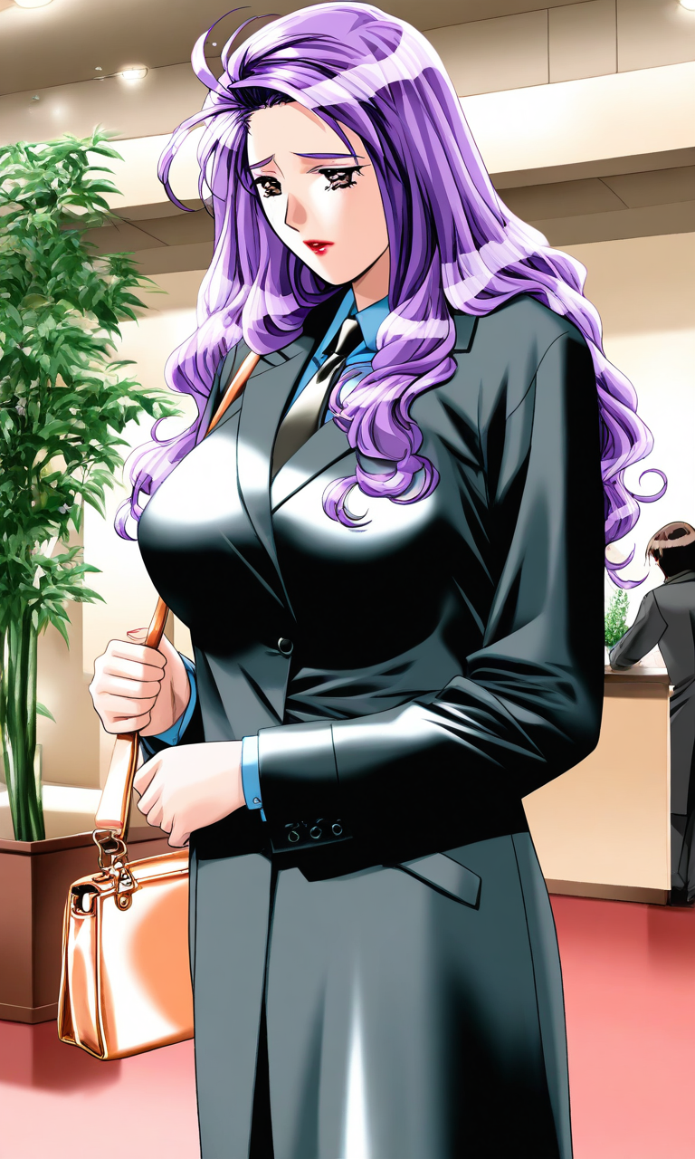 general,highres, ultra-detailed,very aesthetic,best quality ,best hands, BREAK <lora:Katagiri_Mirei_Doukyuusei2_IS:1>
Katagiri_Mirei(Doukyuusei2), 1girl, solo, purple hair, long hair, red lipstick, brown eyes, huge breasts,
 necktie, bag,  formal, coat, suit, handbag, indoors, 
plant,  long sleeves, shirt, sad,
cowboy_Shot,