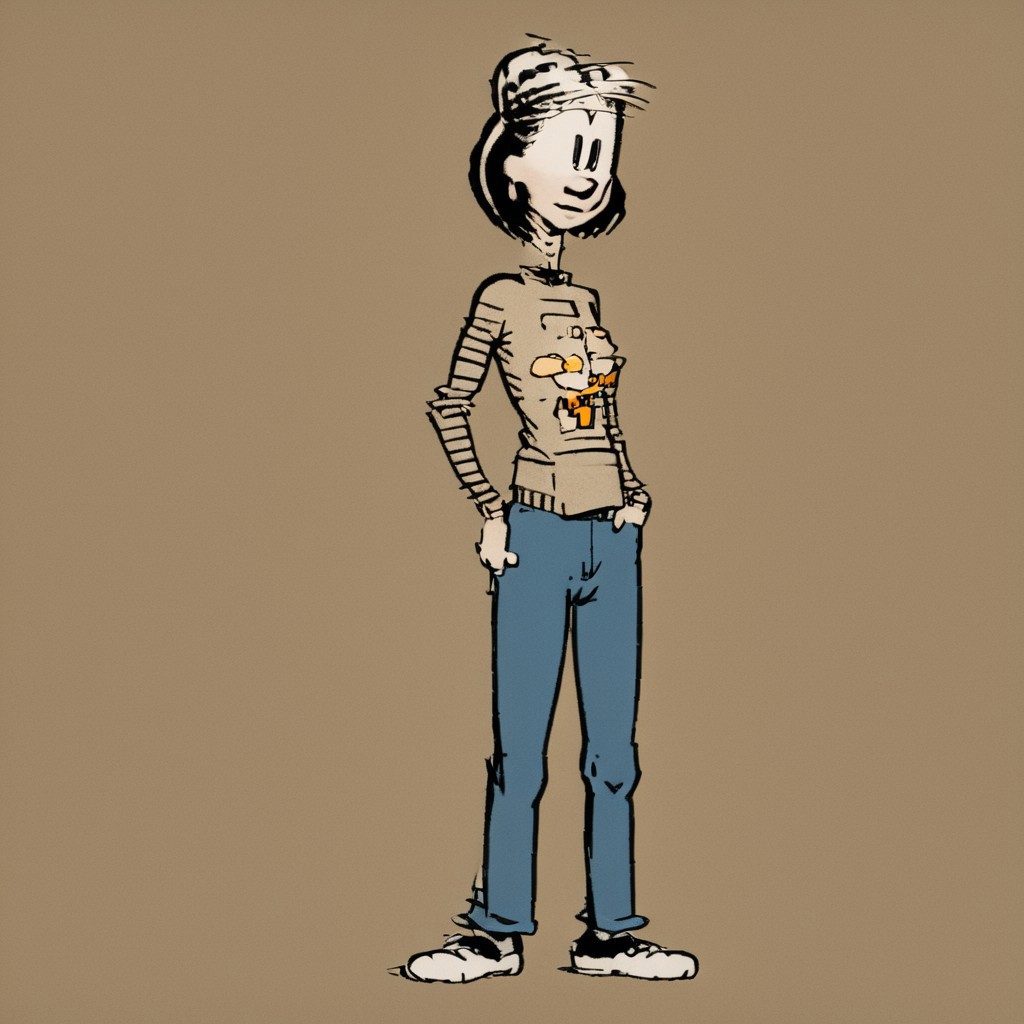 solo woman, facing camera, illustrated woman, wearing pants and a sweater, art style of Bill Watterson, full shot,