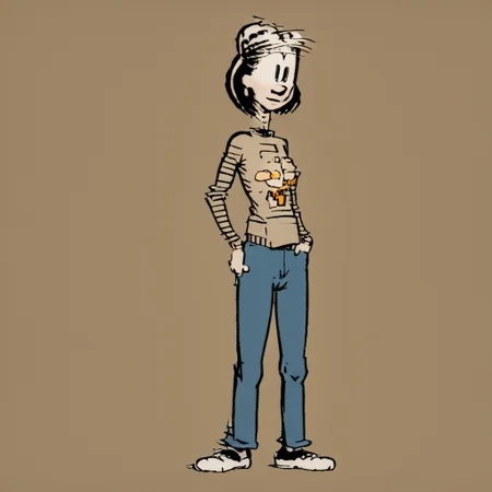 solo woman, facing camera, illustrated woman, wearing pants and a sweater, art style of Bill Watterson, full shot,