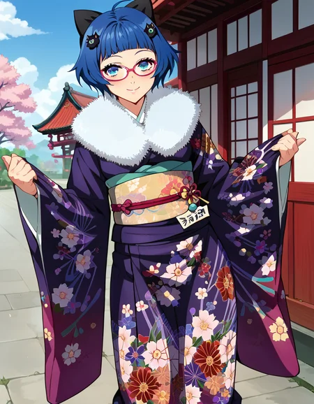 score_9, score_8_up, score_7_up, source_anime, anime screencap, anime coloring, uncensored, 1girl, solo, (cowboy shot:1.2), inui honoka, blue eyes, blue hair, short hair, blunt bangs, ahoge, glasses, red-framed eyewear, honokakimono, fur-trimmed kimono, purple kimono, furisode, floral print, fur trim, obi, sash, tabi, zouri, cat hair ornament, hair bow, ema, outdoors, smile, looking at viewer, shiny body, shiny skin, skindentation, clear skin, shiny hair, ultra detailed eyes, depth of field, sharp, (intricate details, hyperdetailed:1.15) <lora:Inui Honoka_Super Robot Wars_Pony_v1.2:1>
