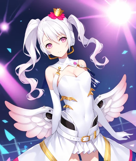 score_9, score_8_up, score_7_up, source_anime, BREAK
masterpiece, best quality,
1girl, solo, mu (caligula), gradient hair, pink eyes, asymmetrical twintails, mini crown, hair flower, behind-the-head headphones,
elbow gloves, white gloves, strapless leotard, white leotard, white capelet, multicolored ribbon, low wings, gradient wings, white skirt, object in clothes, detached collar, belt, cleavage,
upper body, concert stage
(masterpiece, best quality:1),
<lora:tce-mu.pdxl-000010:1>