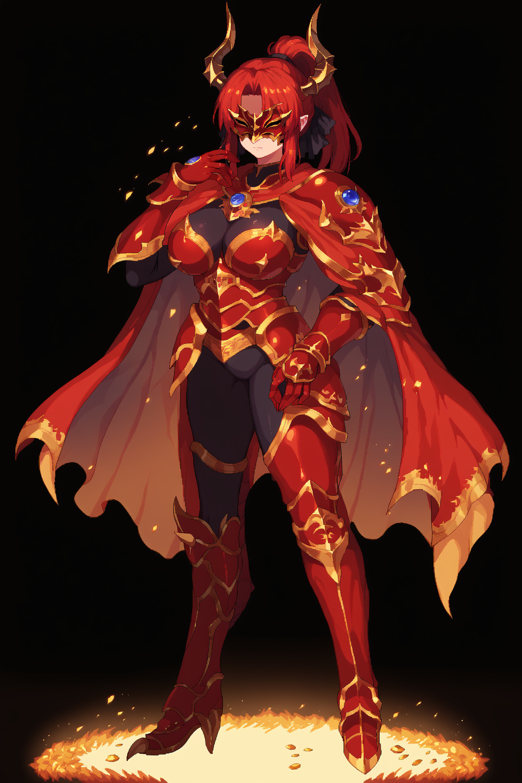 score_9, score_8_up, score_7_up, 
<lora:s-purple_style:1.1> (pixel art:1.1),
SDAgnis, 
ponytail, hair ribbon, closed mouth, 
embers, dynamic pose, dark background, gradient background,
[large breasts:1],
red armor, mask, gem, pauldrons, cape, dragon horns, fake horns, hidden eyes,  turning to the side, 
<lora:SDAgnis-10:0.9>