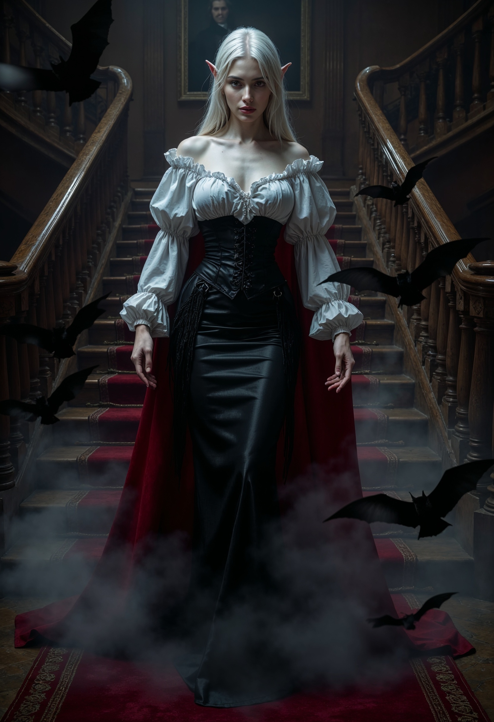 R3alism, A vampiric figure, standing in an imposing, gothic interior, likely the grand staircase of a dark, aristocratic mansion. The character exudes an air of elegance and supernatural power, with pale, porcelain-like skin and flowing white hair cascading down her back. Her pointed ears and red eyes confirm her vampiric nature, and her fangs are subtly visible, adding to the sense of danger. She wears a refined outfit: a ruffled white blouse with voluminous sleeves, combined with a dark corset and a flowing black skirt, adorned with a deep red cape that adds a regal touch to her appearance. Her posture is poised, with her arms raised as though she is conjuring or commanding the dark mist swirling around her. The shadowy fog at her feet envelops the scene, from which black bats are emerging, flying into the air as if summoned by her will. These bats further enhance the gothic and supernatural atmosphere of the scene. The setting is dimly lit, with the red carpeted stairs and shadowy portraits on the walls contributing to the haunting and aristocratic ambiance. The image evokes a sense of dark beauty and mystery, portraying the character as a powerful, enigmatic vampire, possibly the matriarch of this eerie and grand domain.  <lora:FluxMythR3alism:1>