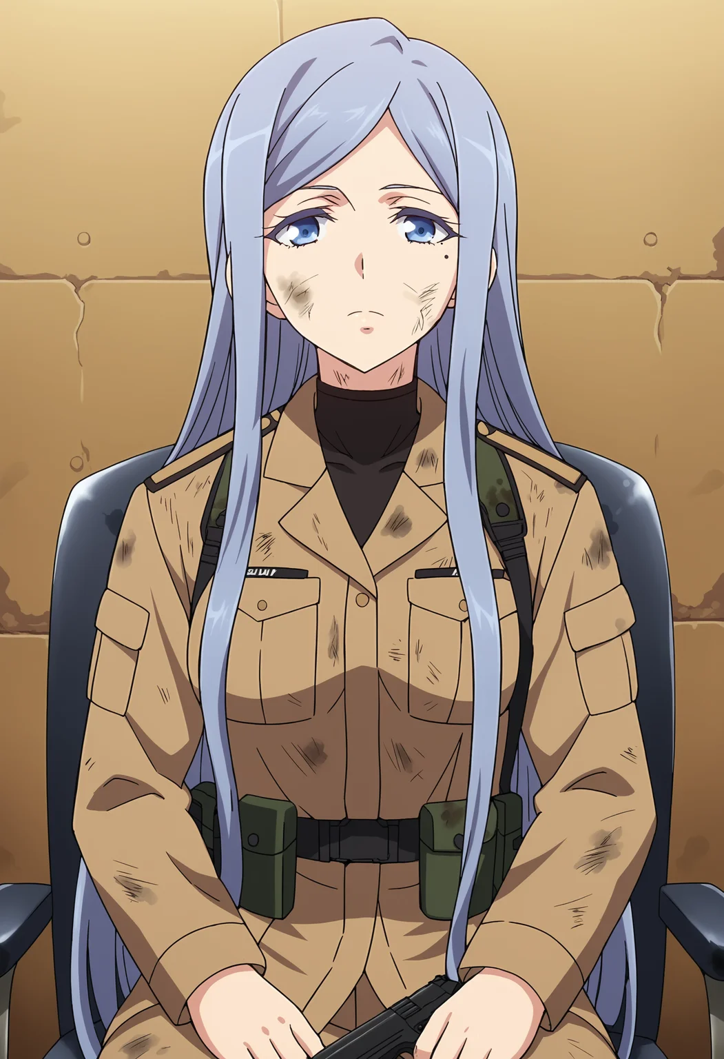 EBAnju, 1girl, solo, long hair, blue eyes, sitting, very long hair, gun, military, mole under eye, military uniform, chair, handgun, holster, dirty, front view, upper body, looking at viewer,
<lora:AnjuEmma-10:0.9>, <lora:xl_more_art-full_v1:0.8>