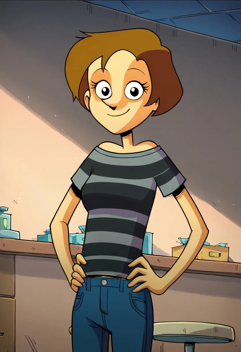 score_9,score_8_up,score_7_up, 1girl, solo, Alice_TADL, fair skin, pointy nose, brown hair, short hair, black eyes, grey and black shirt stripe, blue jean pants, white sneakers, standing, looking at viewer, smile, room background, hands on hips