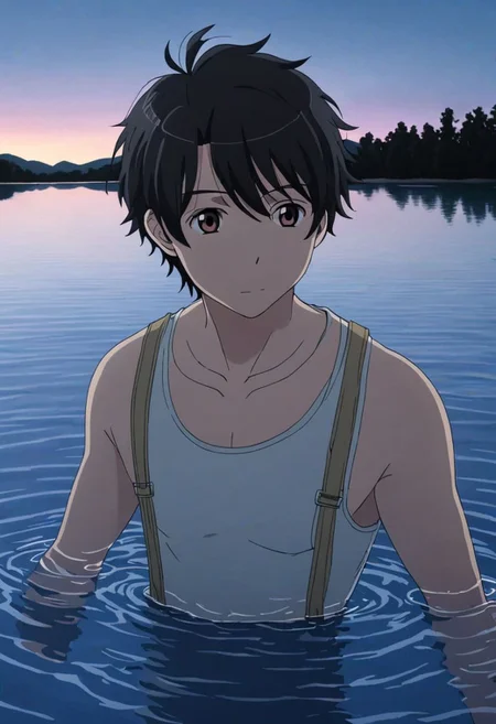 high resolution, solo, best quality, 1Boy, Inaho Kaizuka, Black Hair, Brown Eyes, swimming, natural lake, clear water, shirtless, shorts, sixpack, twilight, OverallDetail