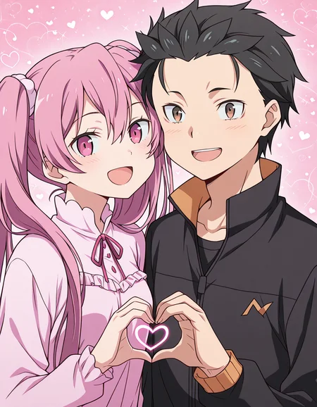 masterpiece, best quality, amazing quality,, <lora:agk-mine-s1-ponyxl-lora-nochekaiser:1>, mine, long hair, twintails, pink hair, pink eyes, mature female, small breasts, anime screencap, <lora:subaru-natsuki-illustriousxl-lora-nochekaiser:1> natsuki subaru, short hair, black hair, brown eyes, spiky hair, 1boy, , <lora:heart-hands-duo-illustriousxl-lora-nochekaiser:1> heart hands duo, heart hands, heart, heads together, cheek-to-cheek, open mouth, smile, hetero