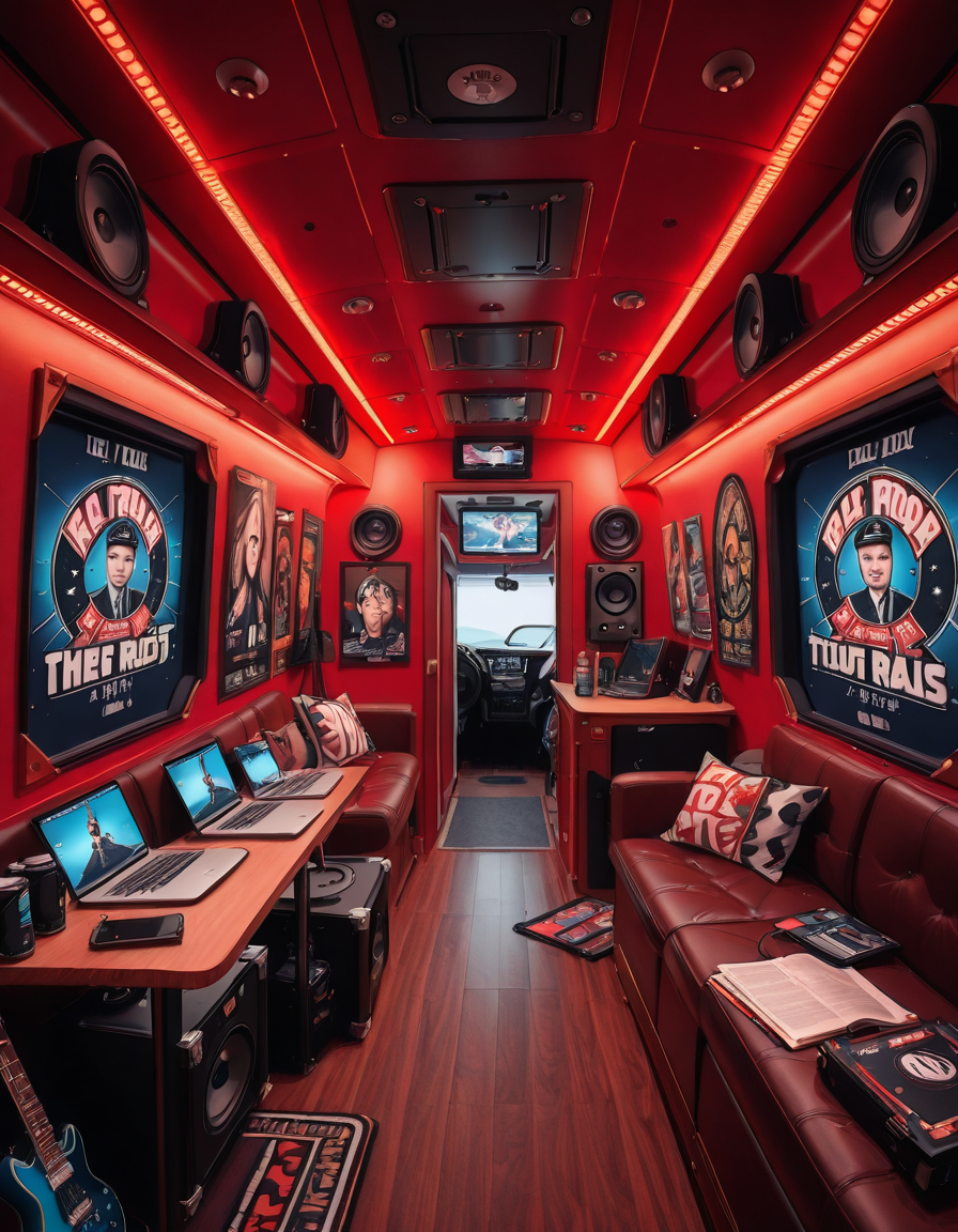 The interior of a modern RV customized for a rock band on tour. The space is stylish and lived-in, filled with musical gear like guitar cases, amps, and a drum pad. Posters of famous rock bands and tour memorabilia cover the walls. There are leather couches, a small kitchenette with snacks and energy drinks, and a cluttered table with laptops, cables, and setlists. A narrow hallway leads to sleeping bunks with personal items like headphones, books, and clothes tossed around. The lighting is warm with LED strips in red and purple tones, giving it a cozy but edgy atmosphere. A small TV displays concert footage, and speakers are mounted on the ceiling. The whole scene feels energetic, artistic, and chaotic in a creative way. Realistic style, rich colors, and highly detailed environment.
<lora:SDXLFaeTastic2400:0.4> <lora:extremely_detailed:0.4> extremely detailed ,r0ck b4nd rv <lora:r0ck_b4nd_rv-i:1>, Masterpiece,best quality,hi res,8k,hi res,8k,award winning,(sharp focus, intricate, highly detailed),