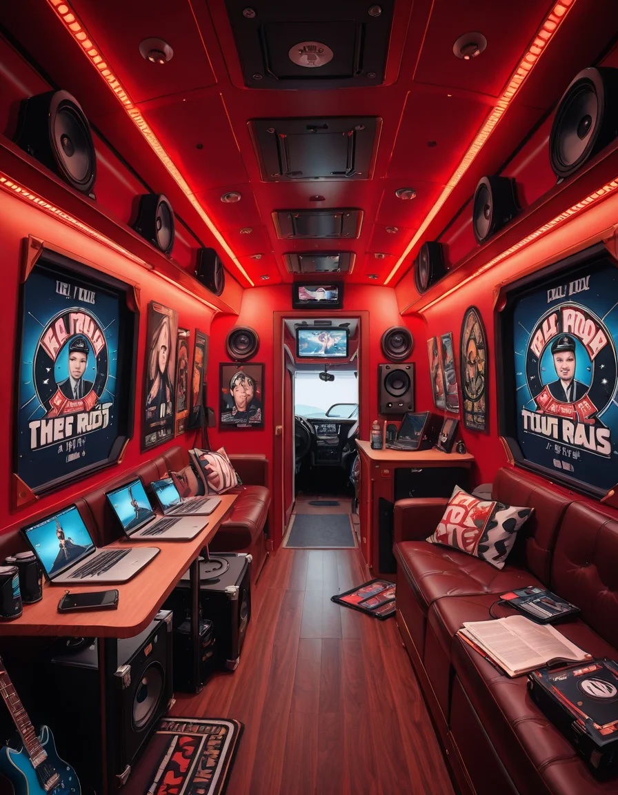 The interior of a modern RV customized for a rock band on tour. The space is stylish and lived-in, filled with musical gear like guitar cases, amps, and a drum pad. Posters of famous rock bands and tour memorabilia cover the walls. There are leather couches, a small kitchenette with snacks and energy drinks, and a cluttered table with laptops, cables, and setlists. A narrow hallway leads to sleeping bunks with personal items like headphones, books, and clothes tossed around. The lighting is warm with LED strips in red and purple tones, giving it a cozy but edgy atmosphere. A small TV displays concert footage, and speakers are mounted on the ceiling. The whole scene feels energetic, artistic, and chaotic in a creative way. Realistic style, rich colors, and highly detailed environment.
<lora:SDXLFaeTastic2400:0.4> <lora:extremely_detailed:0.4> extremely detailed ,r0ck b4nd rv <lora:r0ck_b4nd_rv-i:1>, Masterpiece,best quality,hi res,8k,hi res,8k,award winning,(sharp focus, intricate, highly detailed),
