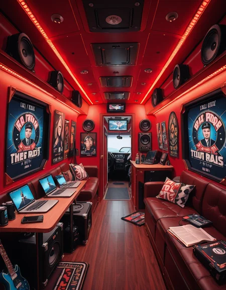 The interior of a modern RV customized for a rock band on tour. The space is stylish and lived-in, filled with musical gear like guitar cases, amps, and a drum pad. Posters of famous rock bands and tour memorabilia cover the walls. There are leather couches, a small kitchenette with snacks and energy drinks, and a cluttered table with laptops, cables, and setlists. A narrow hallway leads to sleeping bunks with personal items like headphones, books, and clothes tossed around. The lighting is warm with LED strips in red and purple tones, giving it a cozy but edgy atmosphere. A small TV displays concert footage, and speakers are mounted on the ceiling. The whole scene feels energetic, artistic, and chaotic in a creative way. Realistic style, rich colors, and highly detailed environment.
<lora:SDXLFaeTastic2400:0.4> <lora:extremely_detailed:0.4> extremely detailed ,r0ck b4nd rv <lora:r0ck_b4nd_rv-i:1>, Masterpiece,best quality,hi res,8k,hi res,8k,award winning,(sharp focus, intricate, highly detailed),
