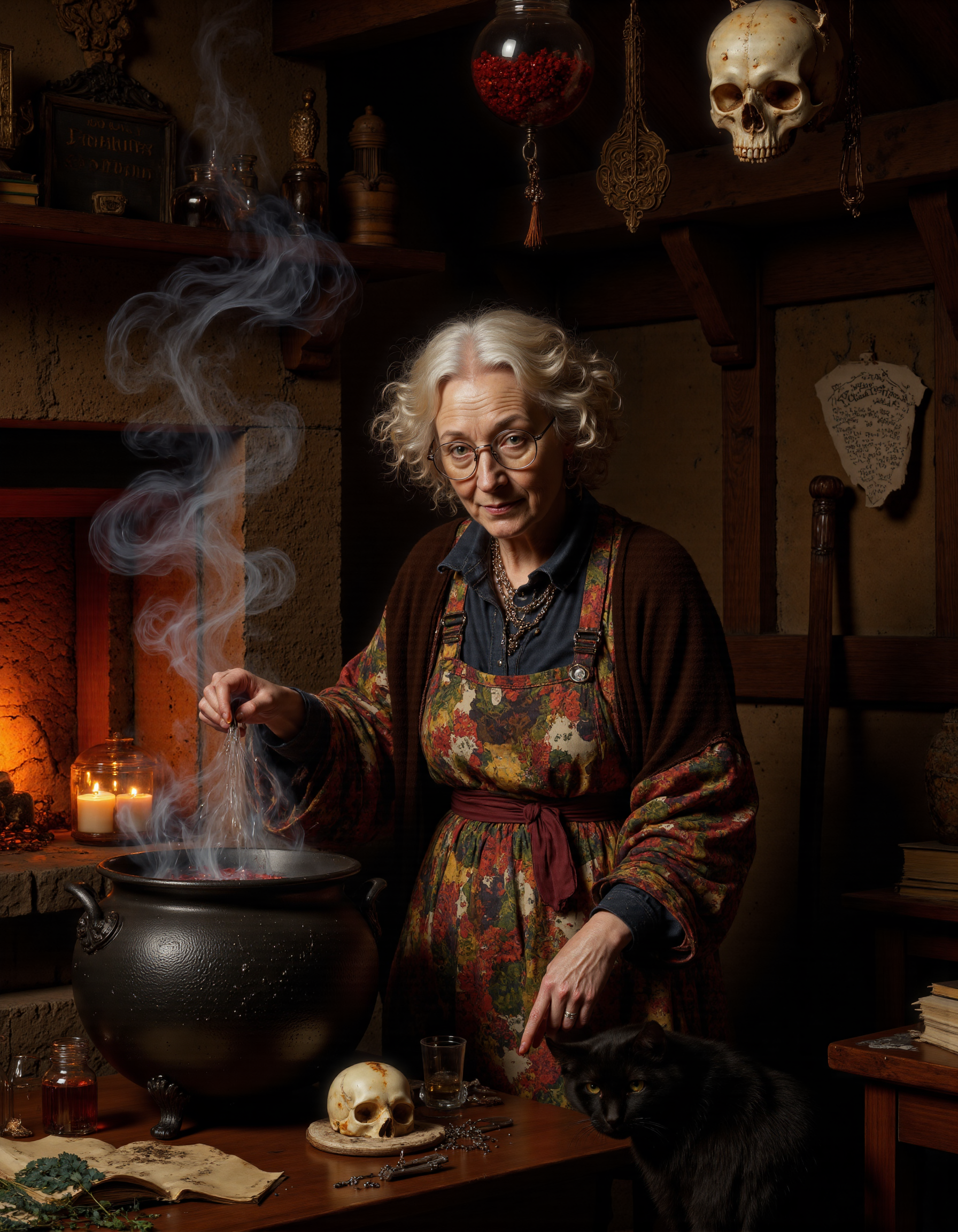 full body shot of Rembrandt style <lora:antr:1>,A comical, quirky old witch in a whimsical, cozy medieval hut filled with bubbling potions, magical artifacts, and peculiar ingredients hanging from the ceiling. The elderly woman has exaggerated featuresâwild frizzy hair, oversized glasses, and a crooked noseâand wears a patched-up shawl and apron covered in soot and potion spills. Sheâs stirring a cauldron that emits colorful, chaotic smoke, while her mischievous black cat watches nearby, knocking over strange jars. The atmosphere is lighthearted and humorous, with glowing firelight illuminating the room, revealing oddities like skulls, books of spells, and enchanted brooms leaning against the walls . Baroque, chiaroscuro, realistic, emotional, "flat lighting. Whole outfit, clear, sharp, balanced