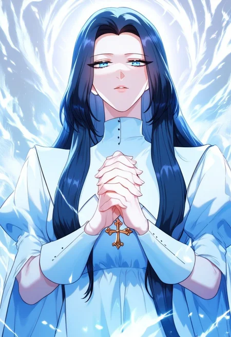 highly detailed, masterpiece, score_9,score_8_up,score_7_up, (manhwa artstyle), SunHeeyoung, blue eyes, black hair, long hair, saint uniform, cowboy shot, looking at viewer, white aura, praying