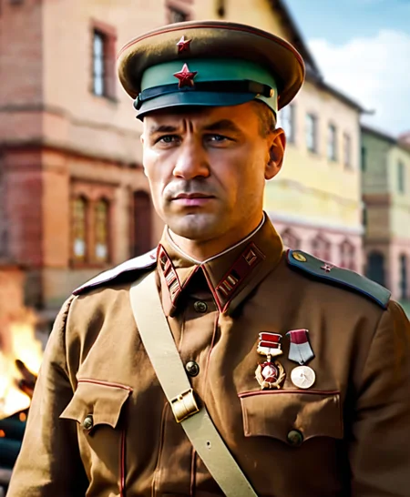 cinematic still non fiction book cover art, factual, informative, clean, subtle colors a close up of a man in a uniform with a hat on, soviet soldier, WW2, WWII, a character portrait , trending on cgsociety, realism, muscular army general, doomguy as a soviet soldier . emotional, harmonious, vignette, 4k epic detailed, shot on kodak, 35mm photo, sharp focus, high budget, cinemascope, moody, epic, gorgeous, film grain, grainy, Volumetric Lighting, non fiction book cover art, factual, informative, clean, subtle colors a close up of a man in a uniform with a hat on, soviet soldier, WW2, WWII, a character portrait , trending on cgsociety, realism, muscular army general, doomguy as a soviet soldier, light depth, dramatic atmospheric lighting, Volumetric Lighting, cinematic still non fiction book cover art, factual, informative, clean, subtle colors a close up of a man in a uniform with a hat on, soviet soldier, WW2, WWII, a character portrait , trending on cgsociety, realism, muscular army general, doomguy as a soviet soldier . emotional, harmonious, vignette, highly detailed, high budget, bokeh, cinemascope, moody, epic, gorgeous, film grain, grainy, non fiction book cover art, factual, informative, clean, subtle colors a close up of a man in a uniform with a hat on, soviet soldier, WW2, WWII, a character portrait, trending on cgsociety, realism, muscular army general, doomguy as a soviet soldier, strong, real epic, cinematic, symmetry, detailed