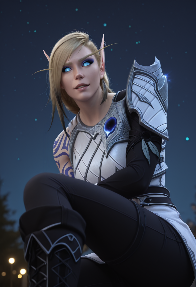 masterpiece, best quality, detailed, realistic, photorealistic, focused subject, depth of field, bokeh, (from below:0.7),
1girl, solo, USAlleriaTWW, blonde hair, arm tattoo, white armor, single pauldron, asymmetrical clothes, black pants, black boots, black gloves, eyeshadow, 
dynamic pose, happy, ,
night, night sky, dark,
<lora:USAlleriaTWW:1.0> <lora:reij-detaILer:0.8>, <lora:DarkerThanDarkIllustriousV1:0.8>