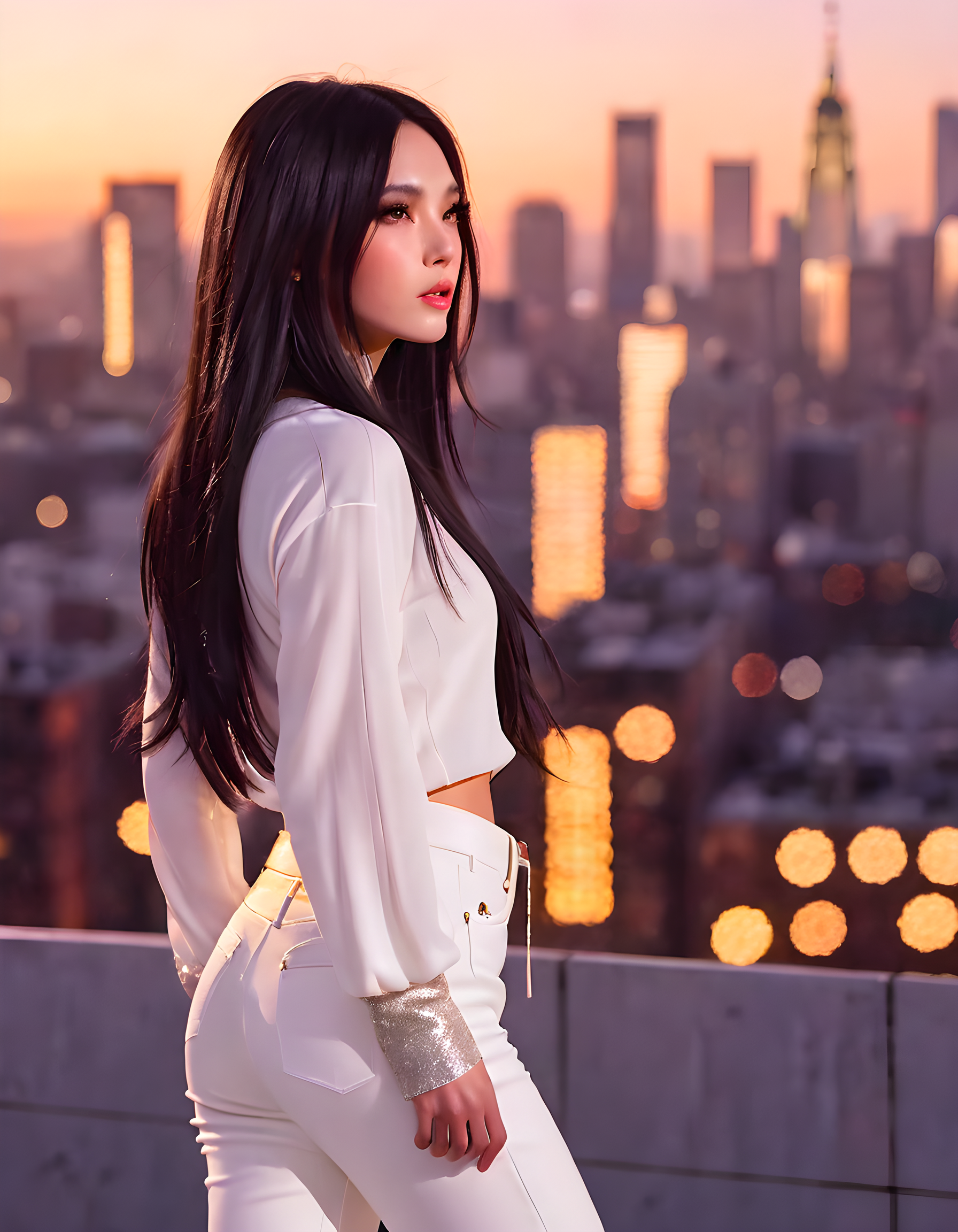 NJZH43R1N, In a vibrant sunset scene, a captivating woman with long, cascading black hair and a striking gaze adorned in white pants and long sleeves stands confidently against the backdrop of a bustling cityscape. Her lips are pursed in thought as she gazes out over the city, the setting sun casting a warm, golden glow upon her features. The camera is positioned at an angle slightly above, capturing her profile while highlighting the dynamic architecture and glowing city lights behind her.