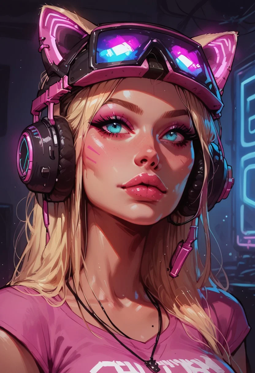 score_9, score_8_up, score_8_up, 1girl, gamer girl, pink T-shirt, blonde hair, (headphones with cat ears), virtual reality helmet,(oculus rift), sexy, nsfw, neon lights, g0thicPXL, close-up Portrait